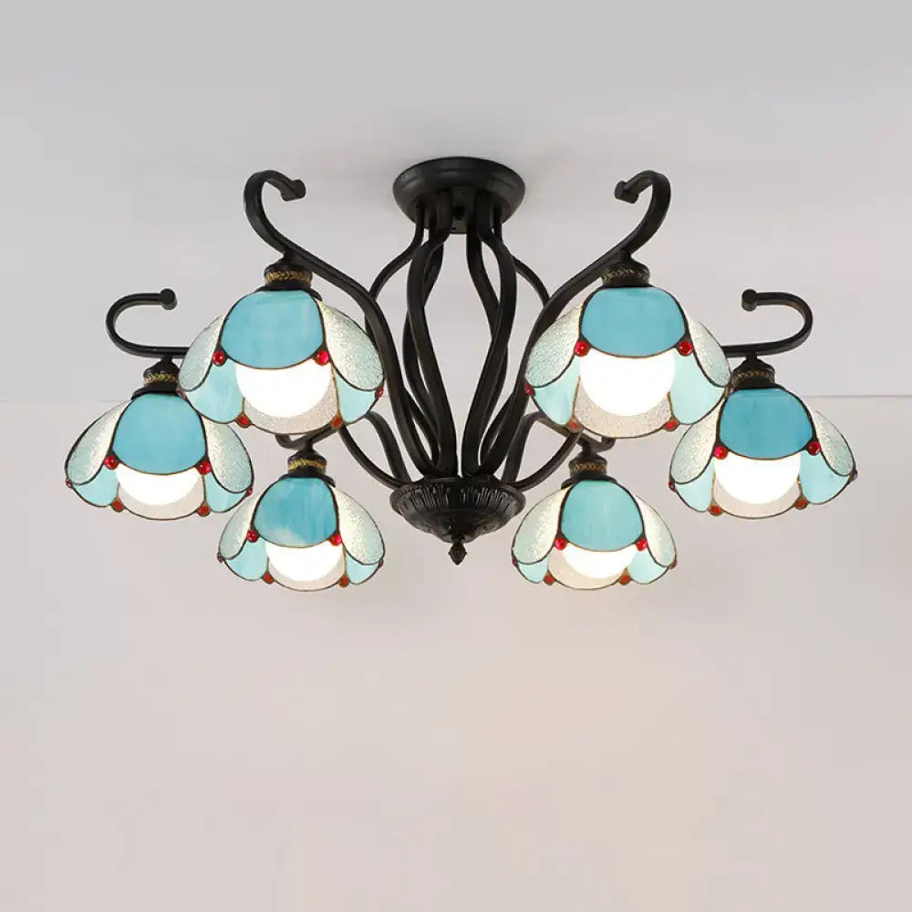 Tiffany turquoise flower ceiling light with turquoise glass petals and black wrought-iron frame on Tampa Home & Garden Store
