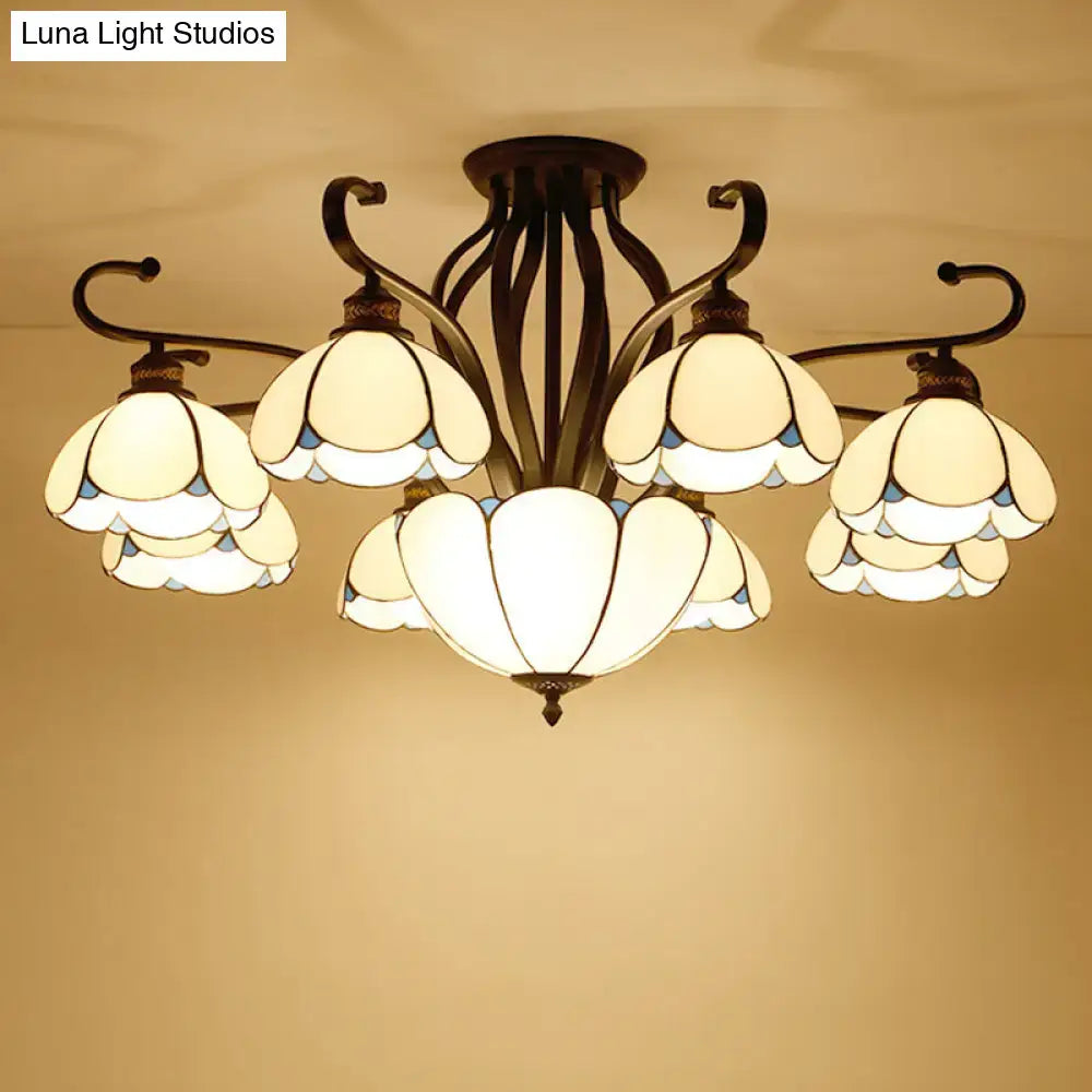 Tiffany turquoise flower semi-flush mount ceiling light with bronze frame and white glass petals on Tampa Home & Garden Store