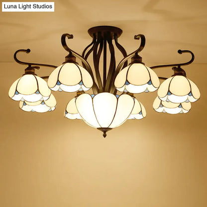Tiffany turquoise flower semi-flush mount ceiling light with bronze frame and white glass petals on Tampa Home & Garden Store
