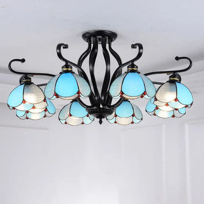 Tiffany turquoise flower semi-flush ceiling light with black metal frame and blue glass petals on Tampa Home & Garden Store