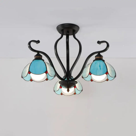 Decorbites Tiffany turquoise flower three-light semi-flush ceiling light with blue glass shades on Tampa Home & Garden Store