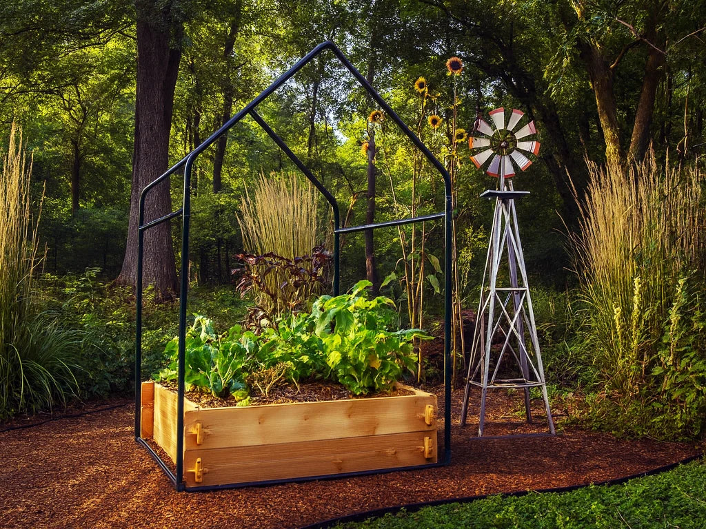 Cedar raised garden bed kit with a black metal greenhouse frame by Timberlane Gardens on Tampa Home & Garden Store