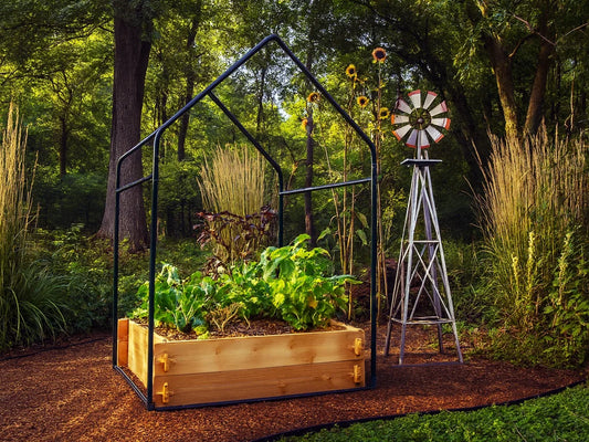 Cedar raised garden bed kit with a black metal greenhouse frame by Timberlane Gardens on Tampa Home & Garden Store