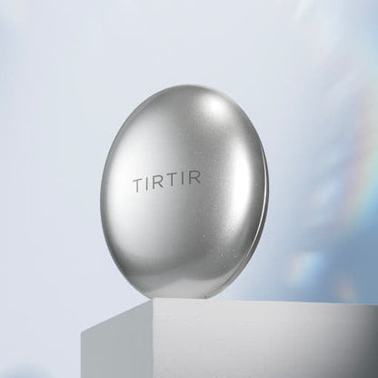 TIRTIR Mask Fit Aura Cushion puff in metallic silver with TIRTIR branding on a pedestal on Tampa Home & Garden Store