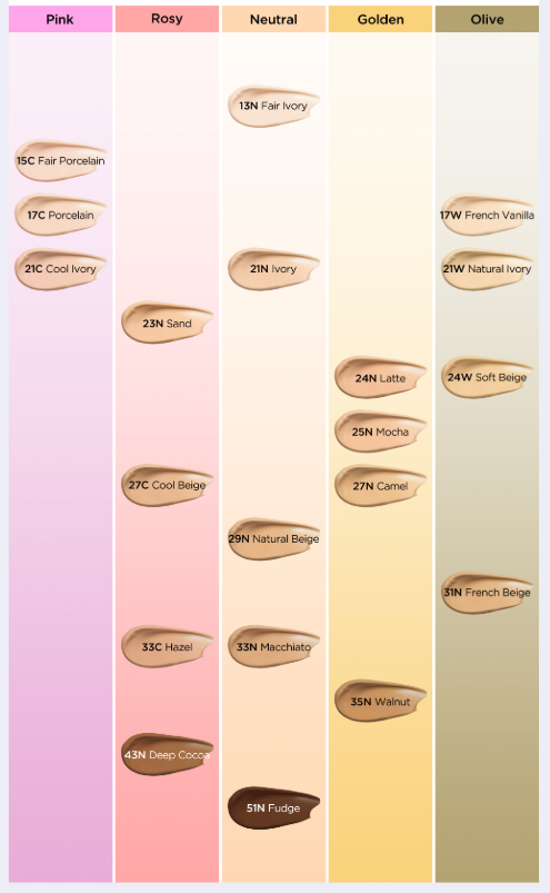 MAKEUP Cushion TIRTIR Mask Fit Aura Cushion swatch chart with 20 Seoulia shades pink to olive on Tampa Home & Garden Store