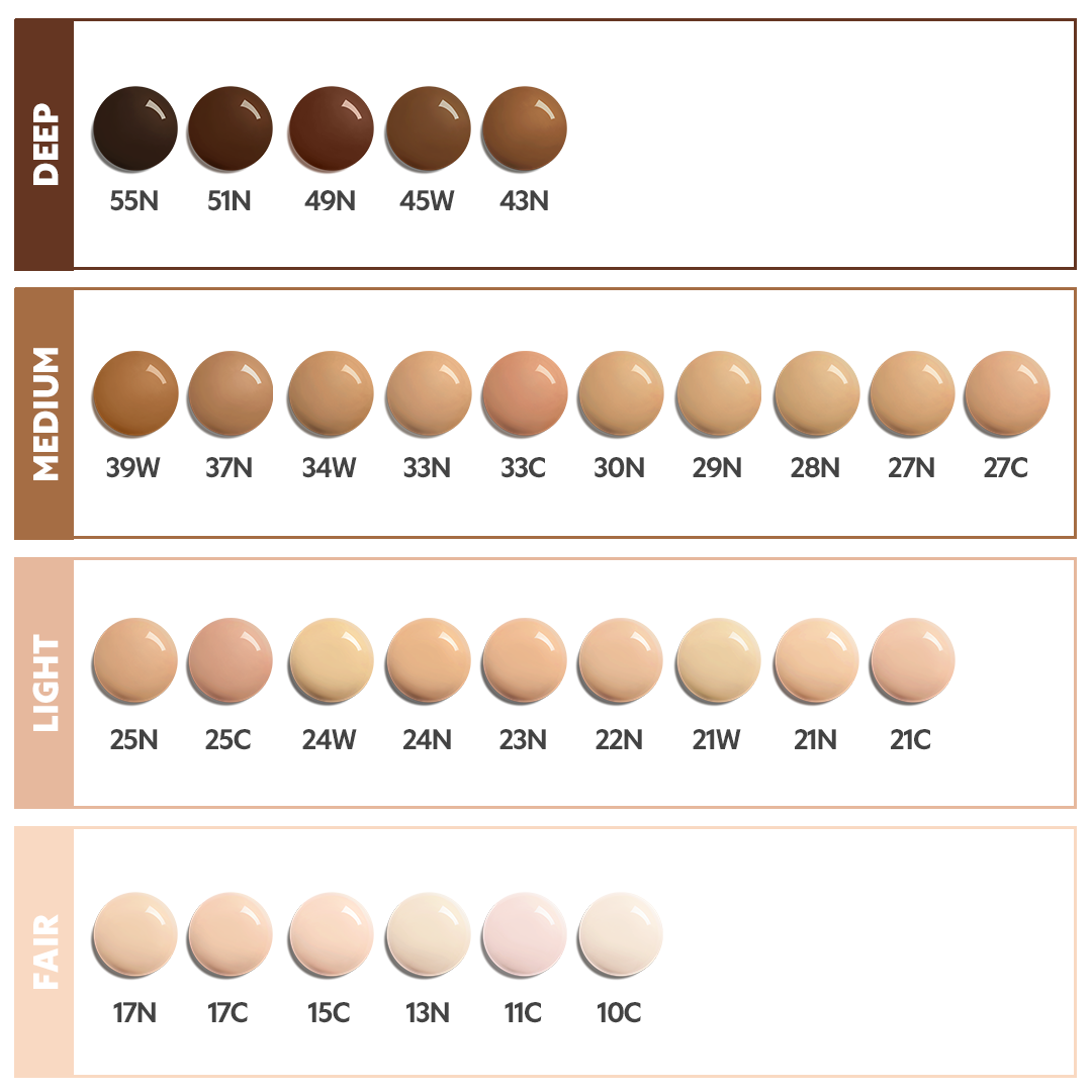 Foundation shade chart for TIRTIR Mask Fit Red Foundation MINI SPF40 by Seoulia, 30 colors on Tampa Home & Garden Store