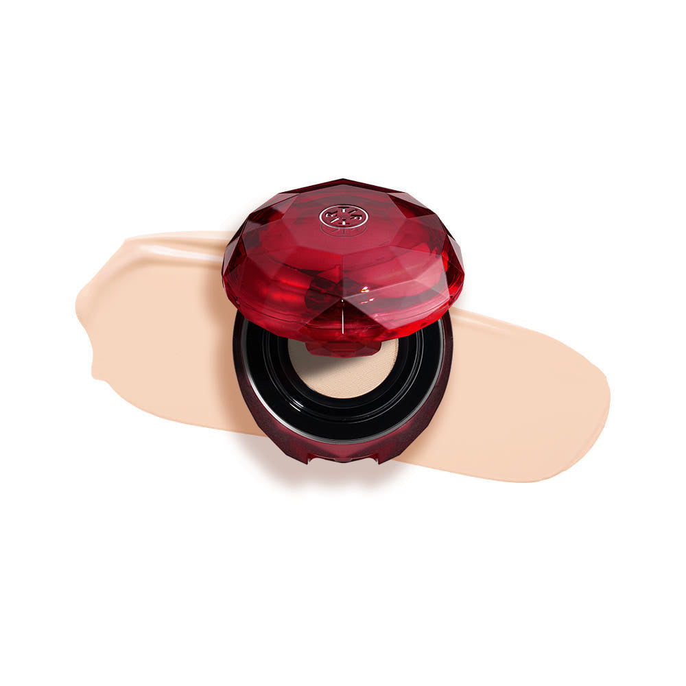 TIRTIR Mask Fit Ruby Mesh Cushion compact with red ruby lid and beige cushion swatch by Seoulia on Tampa Home & Garden Store