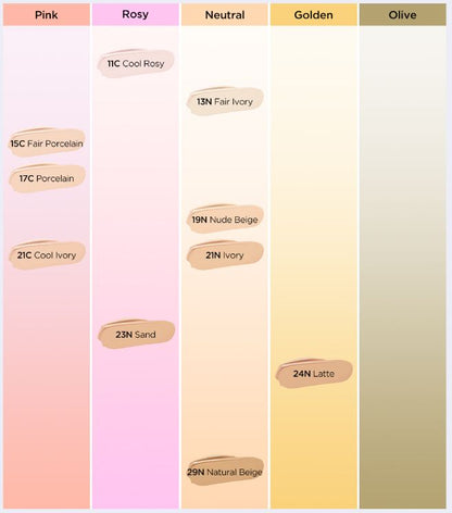 MAKEUP cushion swatch chart for TIRTIR Mask Fit Ruby Mesh Cushion by Seoulia with 10 colors on Tampa Home & Garden Store