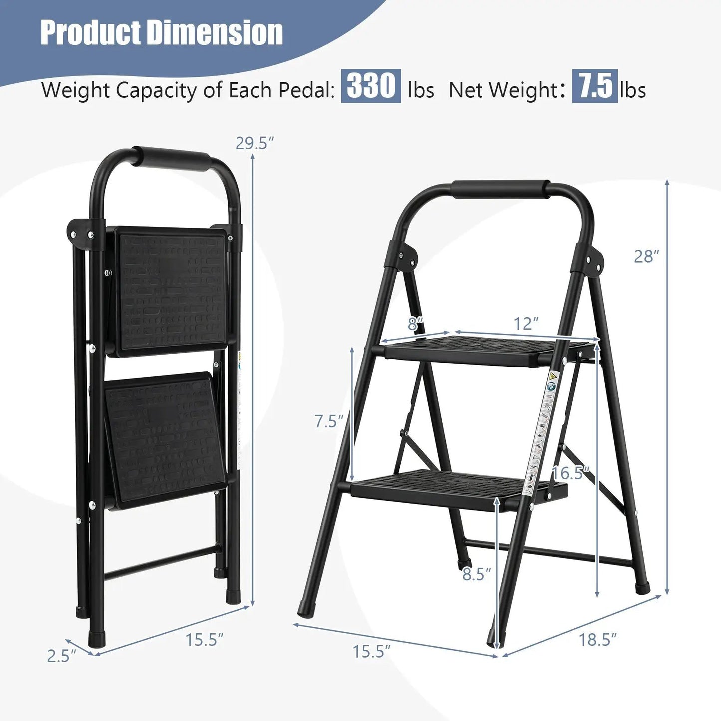 Two Step Folding Ladder with Wide Anti Slip Pedal