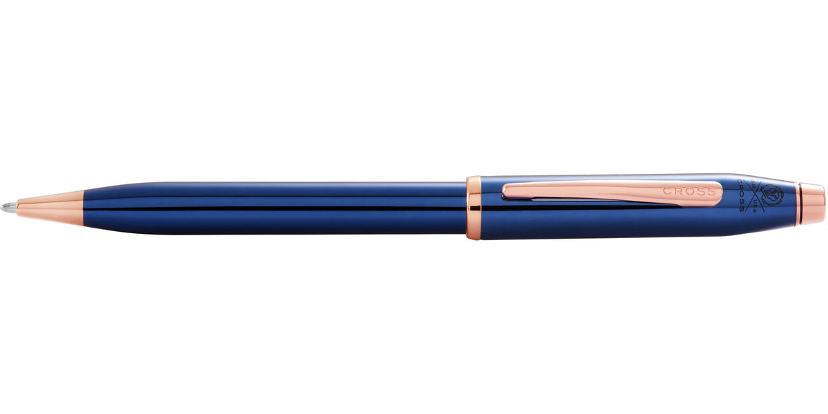 Century II translucent cobalt blue lacquer ballpoint pen by Cross with rose-gold trim on Tampa Home & Garden Store