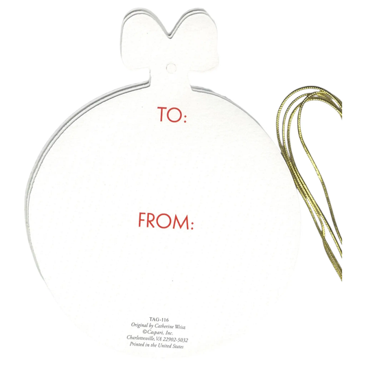 Snowman gift tag ornament, white tag with red TO: FROM: text and gold cord on Tampa Home & Garden Store