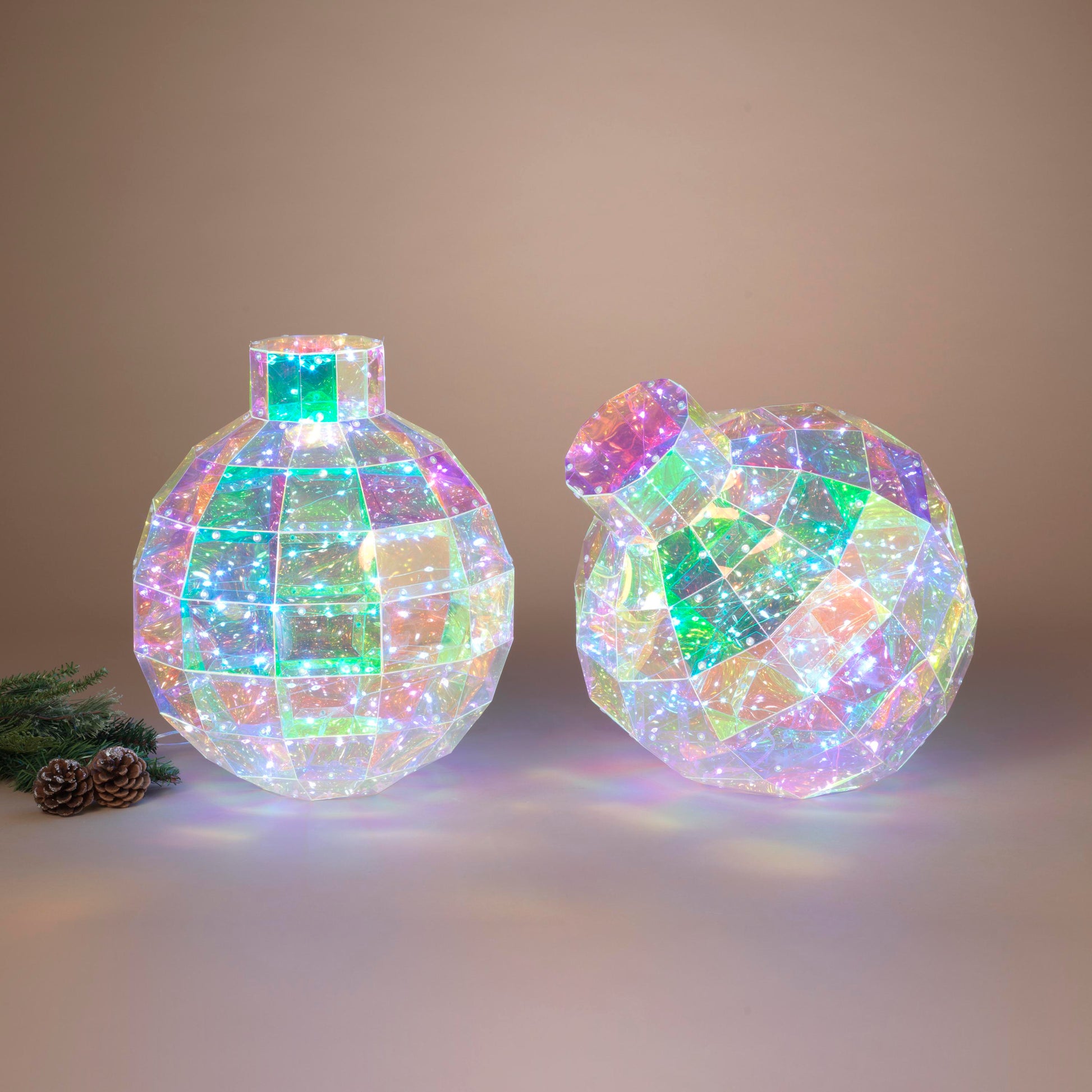 Holographic Holiday Ornament 9in USB lighted sphere with iridescent faceted panels, 2-piece set on Tampa Home & Garden Store