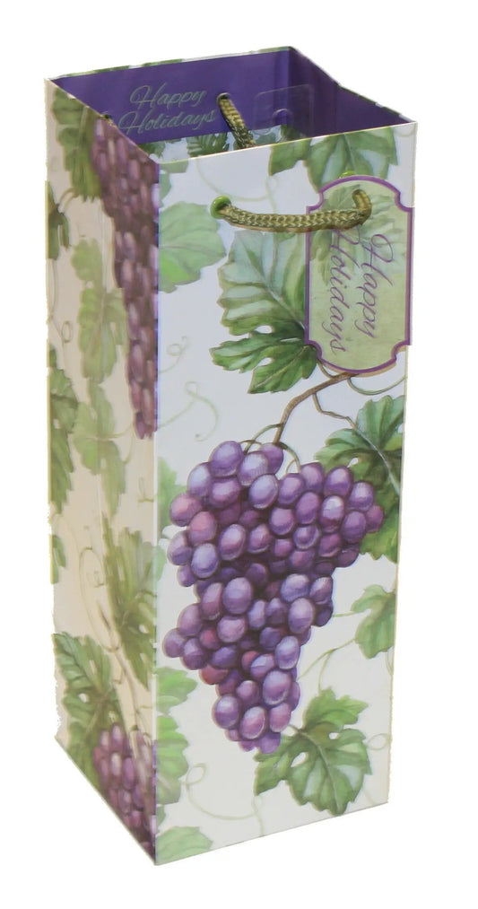 Grapes Bottle Gift Bag with grape cluster pattern, rope handles, purple interior, gift tag on Tampa Home & Garden Store