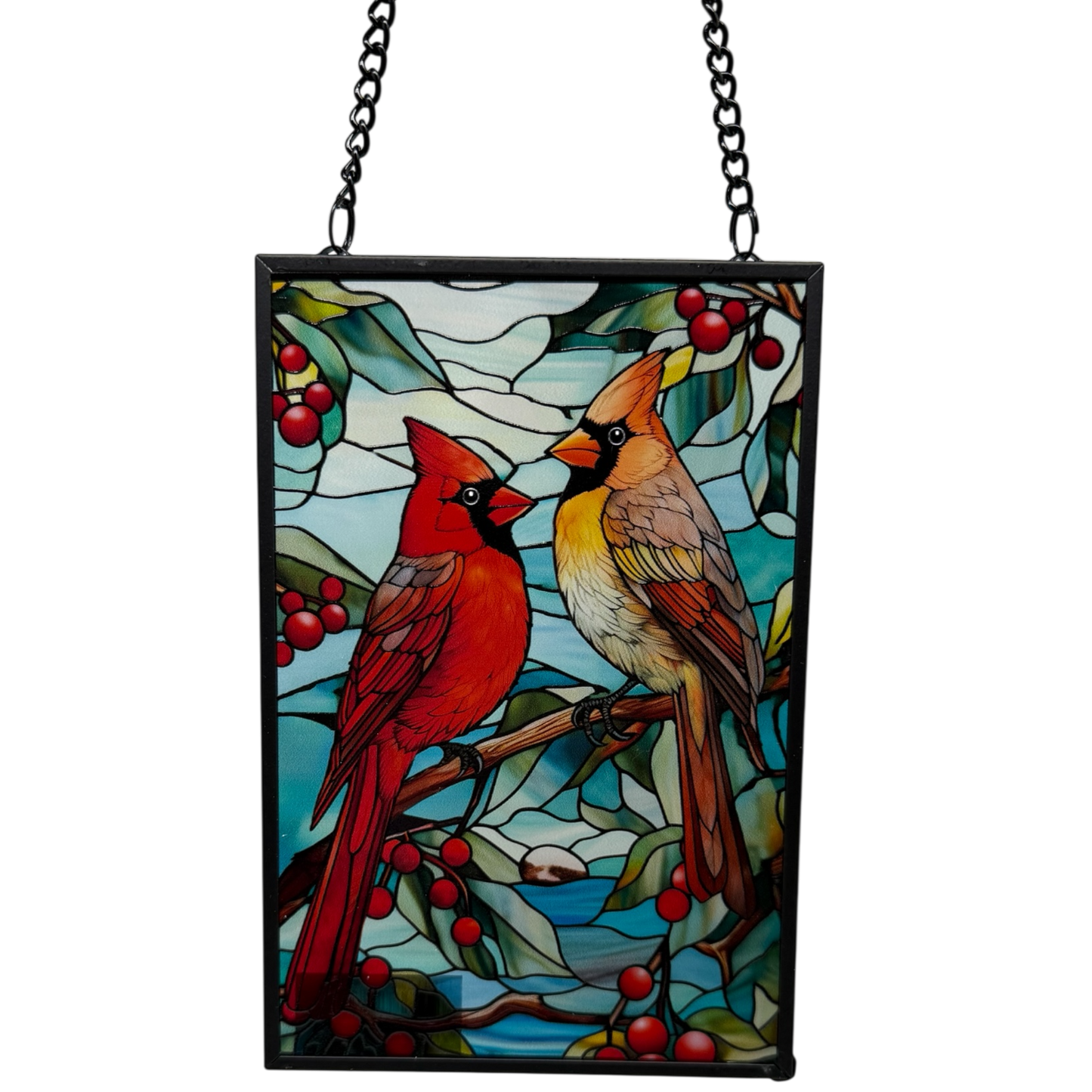 Cardinal Pair Stained Glass Panel Suncatcher by Country Christmas Loft, red cardinals on Tampa Home & Garden Store