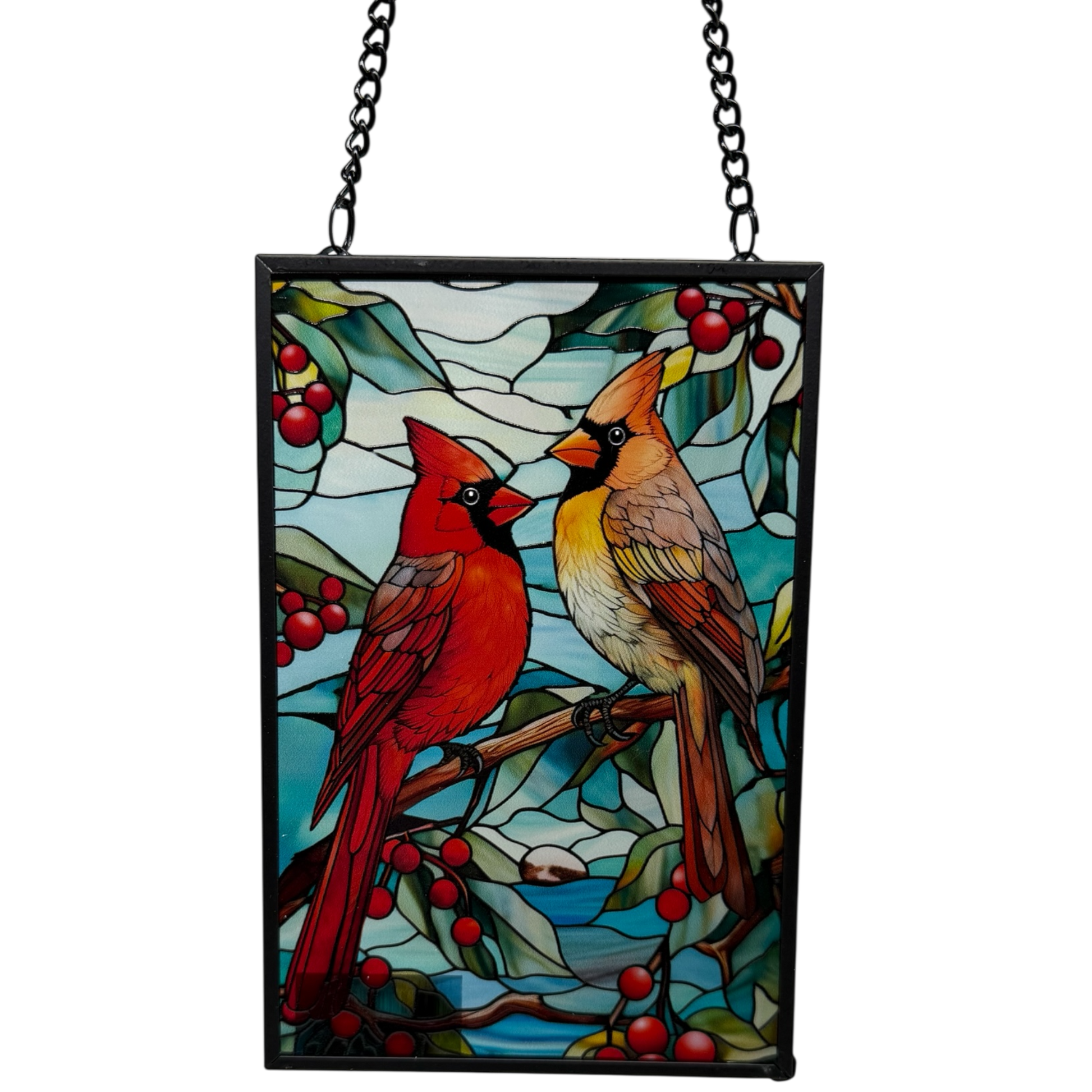 Cardinal Pair Stained Glass Panel Suncatcher by Country Christmas Loft, red cardinals on Tampa Home & Garden Store