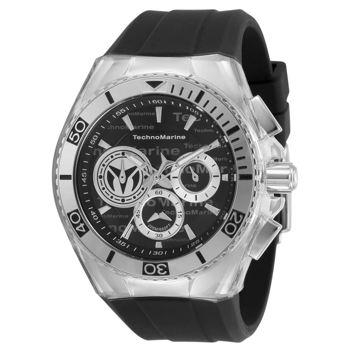 TechnoMarine men's watch with black dial, chronograph, silver case with black rubber strap on Tampa Home & Garden Store