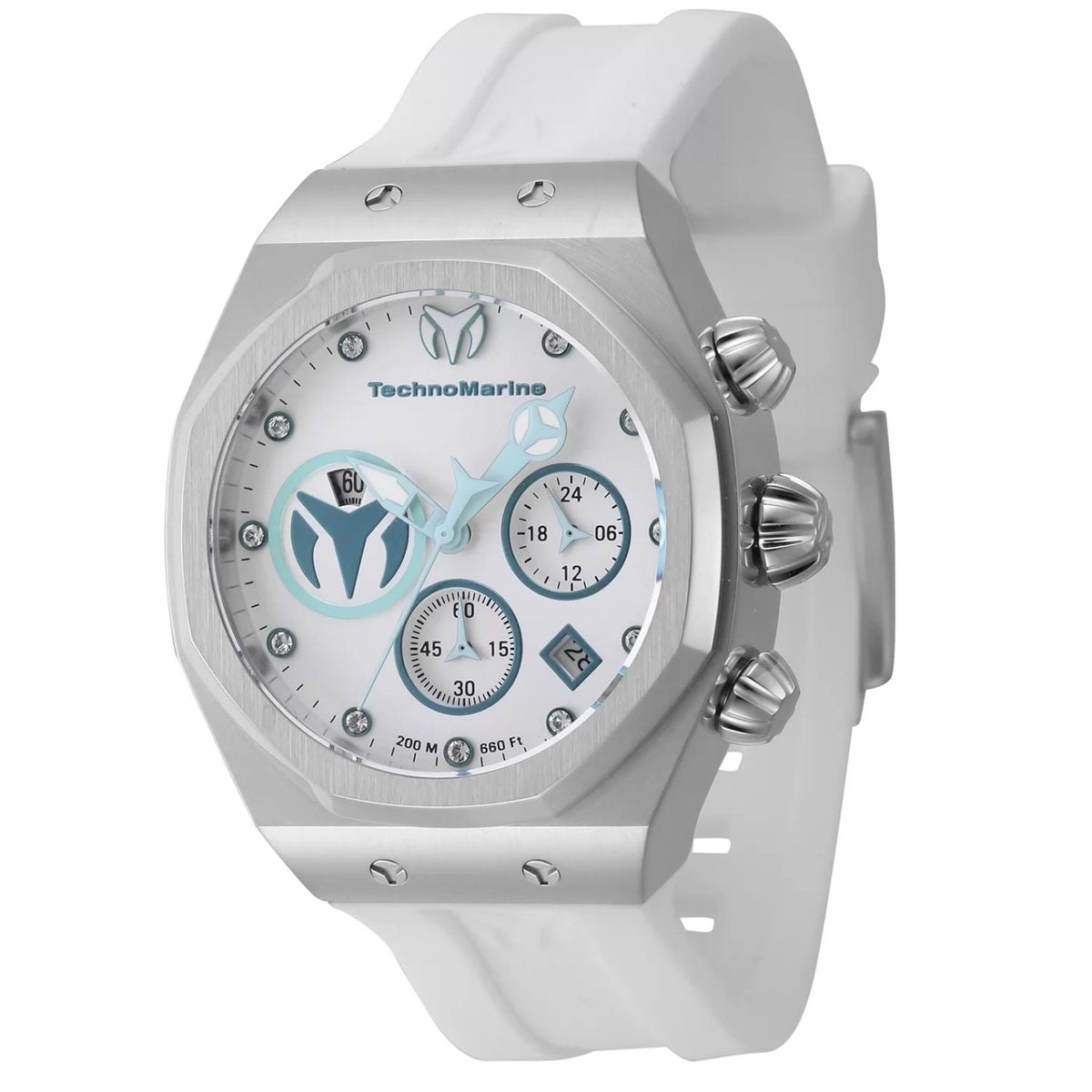 TechnoMarine Reef watch, white strap, silver case with blue accents and subdials on Tampa Home & Garden Store