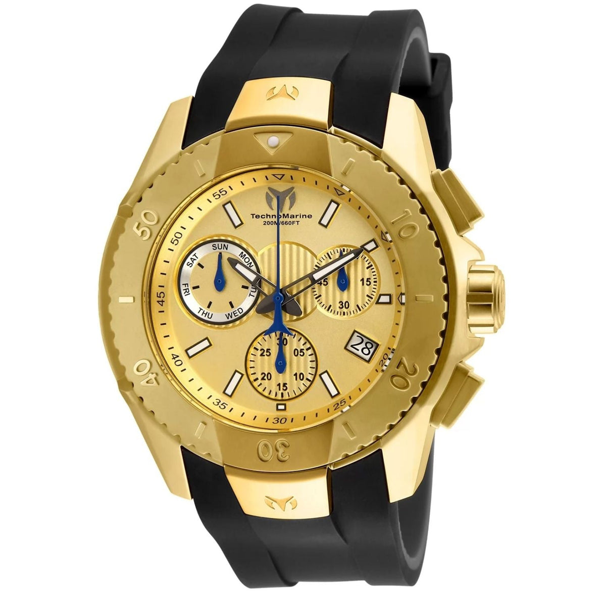 TechnoMarine UF6 men's chronograph watch in gold tone with black strap, blue hands, date window on Tampa Home & Garden Store
