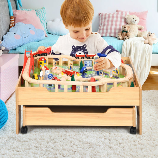 Children's Wooden Railway Set Table with 100 Pieces Storage Drawers - Tampa Home & Garden Store