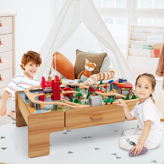 Kids Double-Sided Wooden Train Table Playset with Storage Drawer - Tampa Home & Garden Store