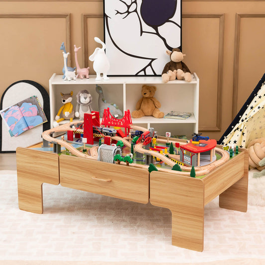Kids Double-Sided Wooden Train Table Playset with Storage Drawer - Tampa Home & Garden Store