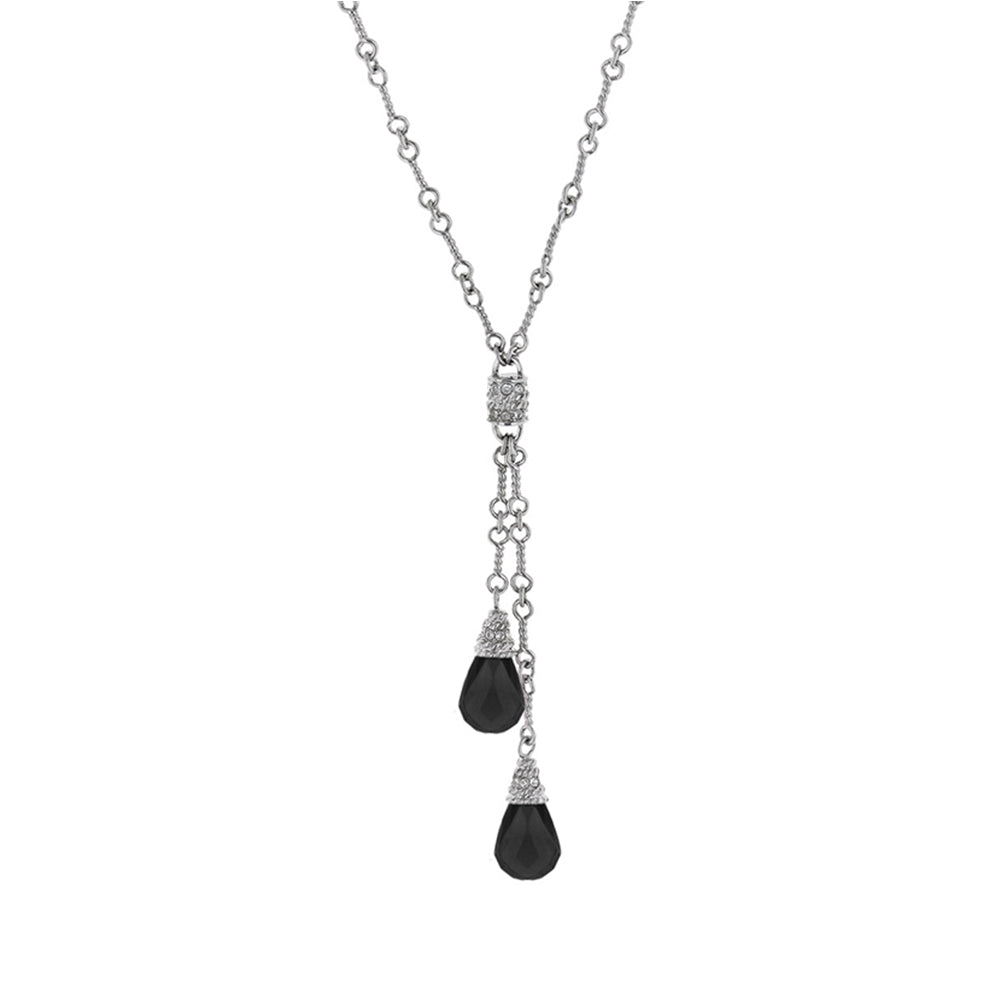 Y necklace by Lauren G Adams, silver chain with crystal caps and black teardrop drops on Tampa Home & Garden Store