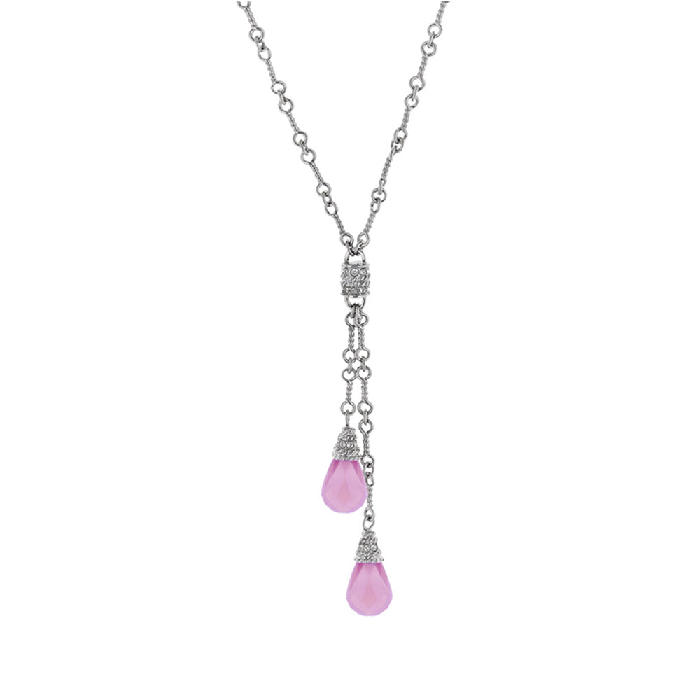 Y Necklace by Lauren G Adams, silver-tone chain with two pink teardrop bead pendants on Tampa Home & Garden Store
