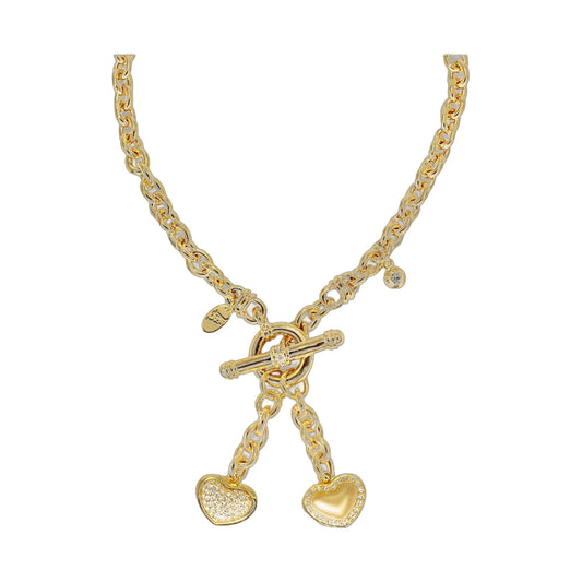 Double Heart Necklace pendant in gold tone with pavé and polished hearts, toggle clasp on Tampa Home & Garden Store