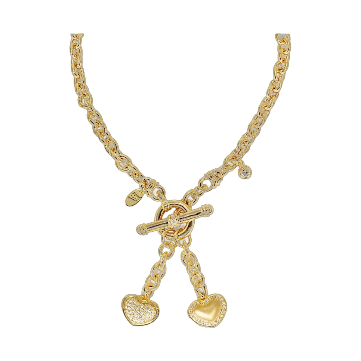 Gold-tone Double Heart Necklace pendant with pavé and polished heart charms on toggle chain on Tampa Home & Garden Store