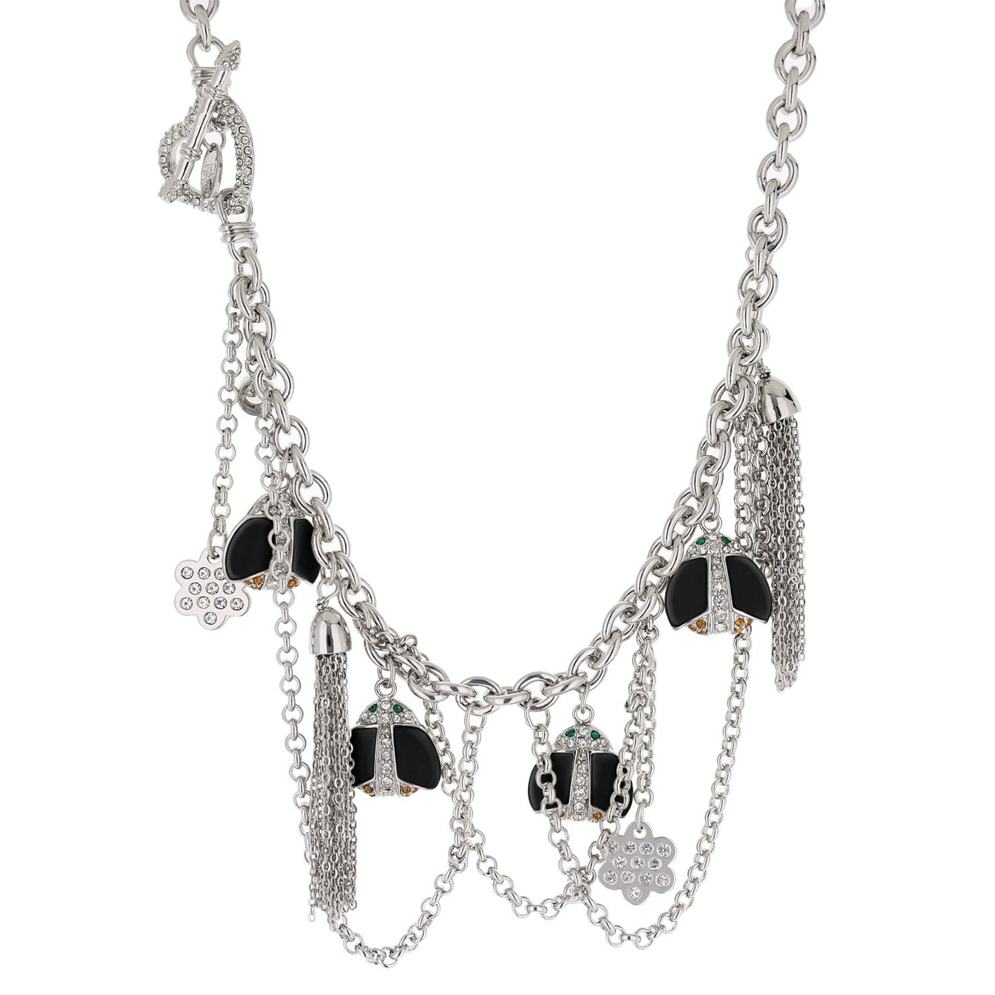 Lady Poof Necklace by Lauren G Adams, layered silver-tone chain with black enamel ladybug charms and crystal tassel accents on Tampa Home & Garden Store