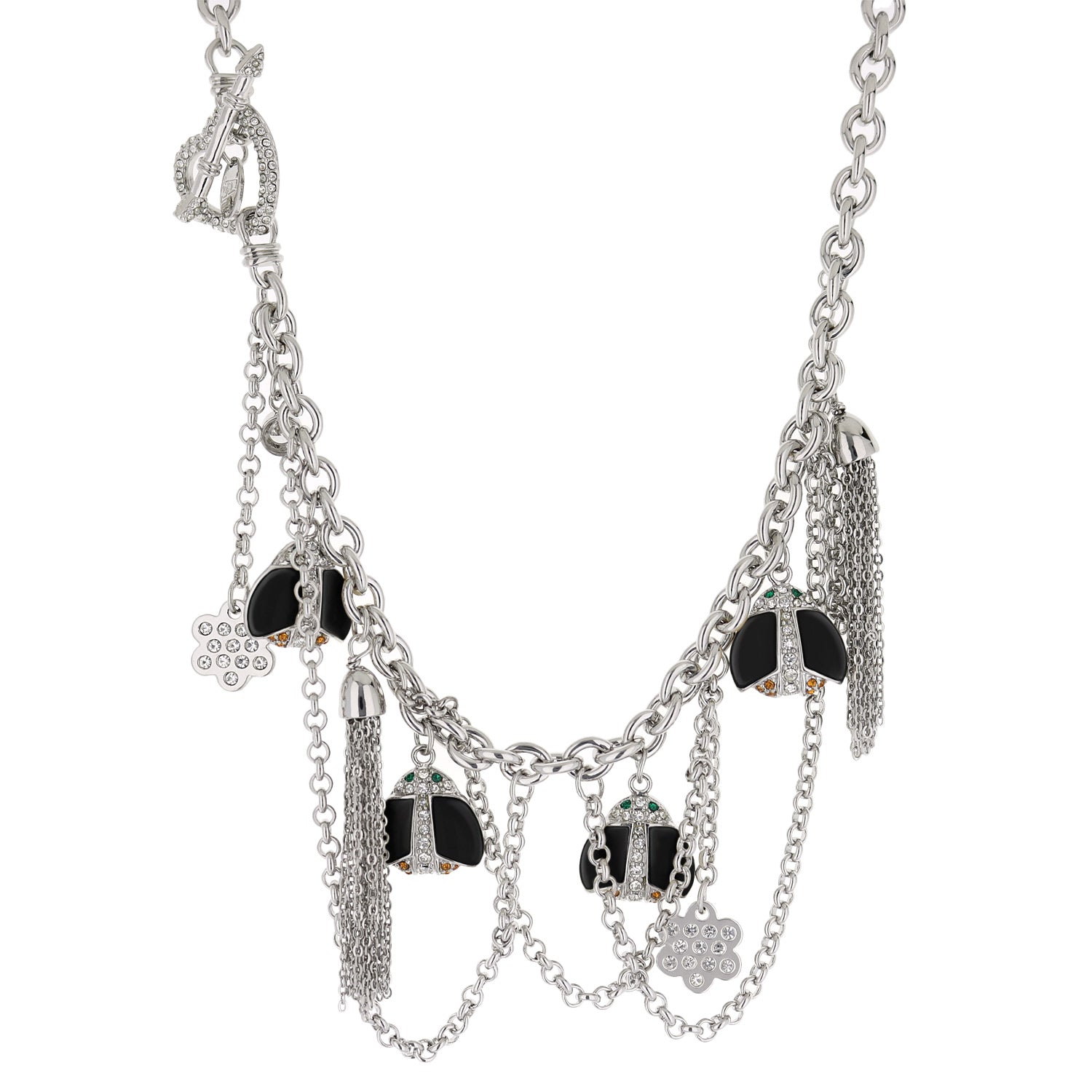 Lady Poof Necklace by Lauren G Adams, layered silver-tone chain with black enamel ladybug charms and crystal tassel accents on Tampa Home & Garden Store