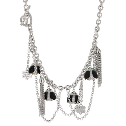 Lady Poof Necklace by Lauren G Adams, layered silver-tone chain with black enamel ladybug charms and crystal tassel accents on Tampa Home & Garden Store