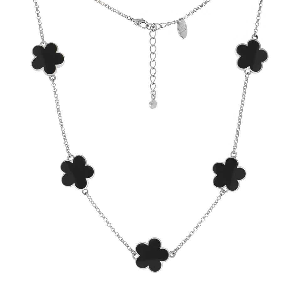Daisy Love Necklace Flower Collar by Lauren G Adams, five black clover charms on a silver chain on Tampa Home & Garden Store