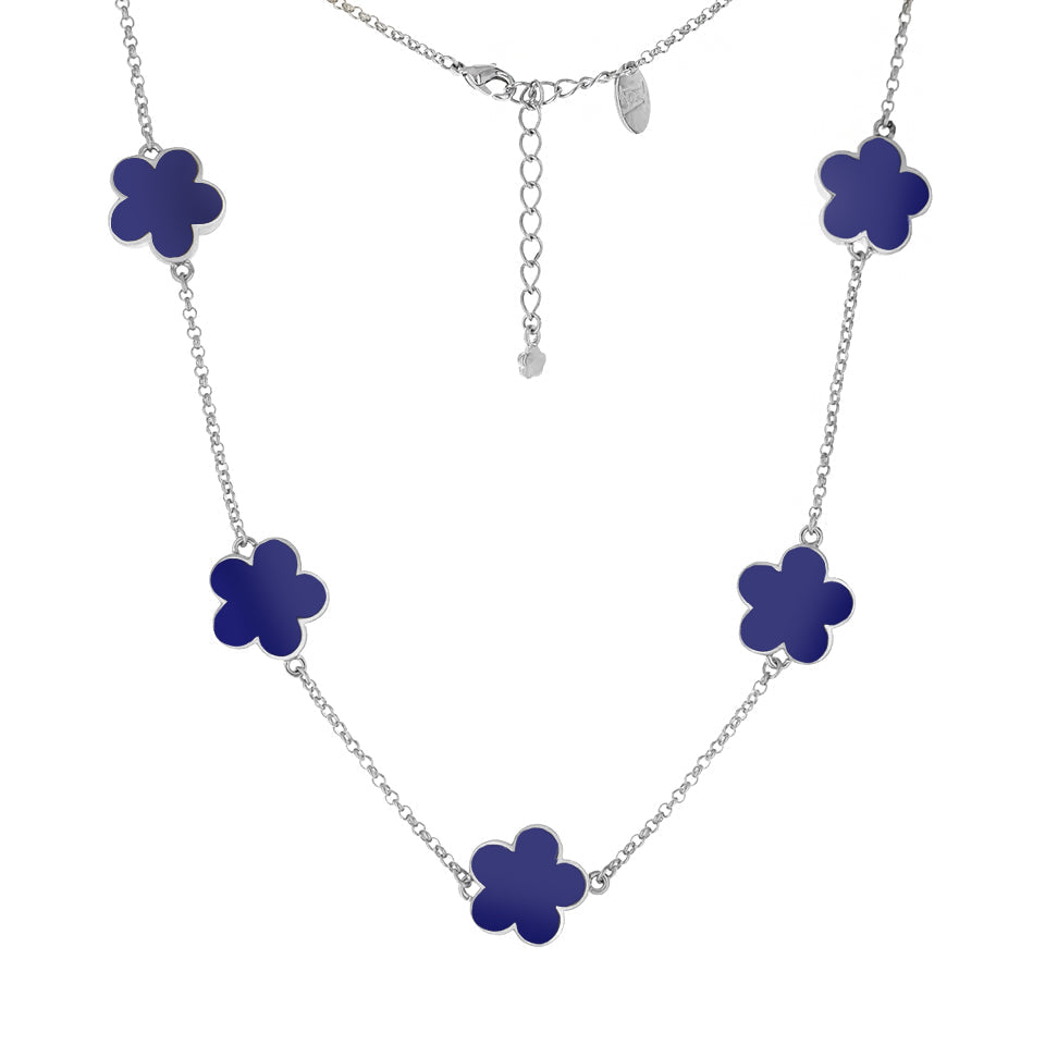 Daisy Love Necklace - Flower Collar five cobalt blue enamel flowers on silver chain on Tampa Home & Garden Store
