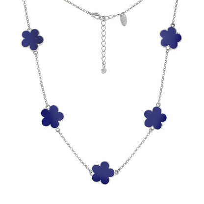Daisy Love Necklace - Flower Collar five cobalt blue enamel flowers on silver chain on Tampa Home & Garden Store