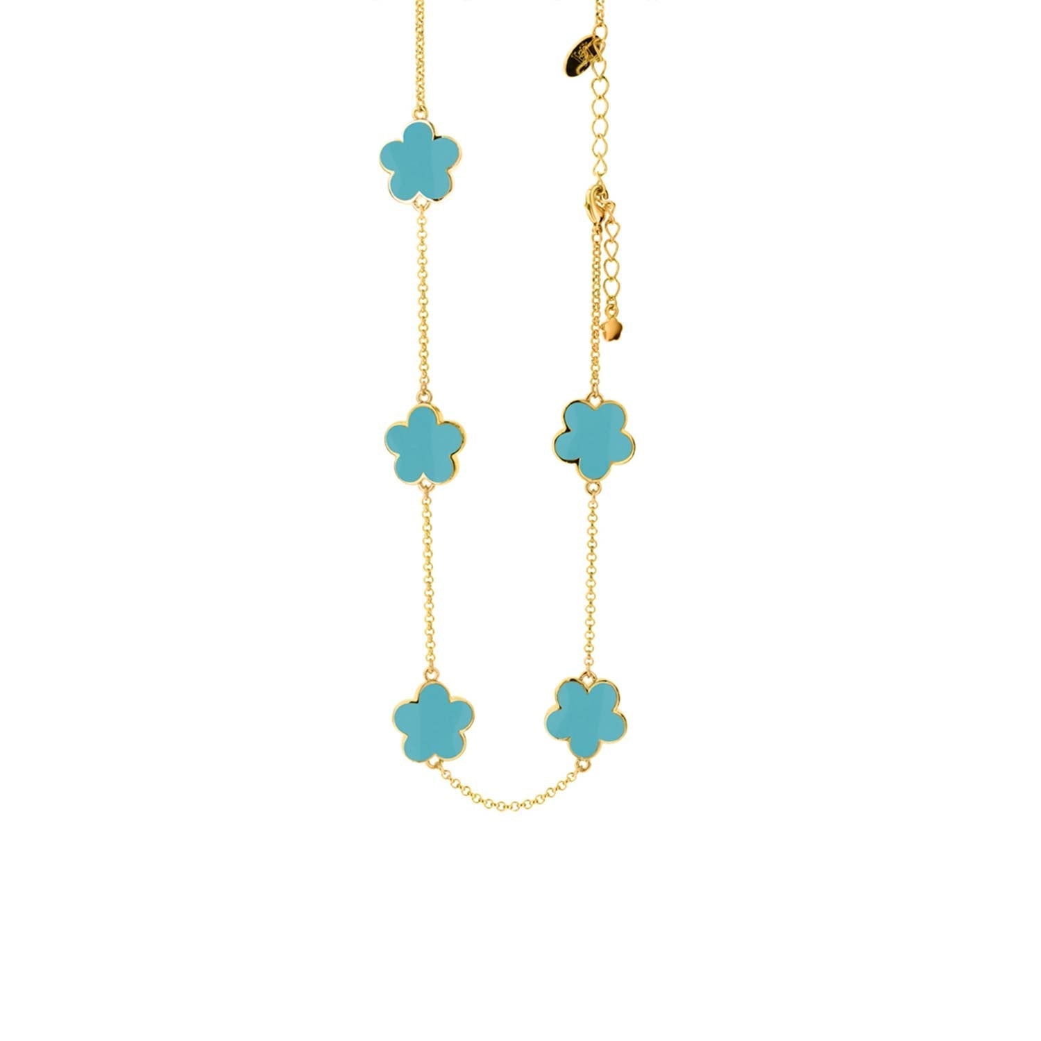 Daisy Love Necklace several turquoise flower charms on a gold chain necklace by Lauren G Adams on Tampa Home & Garden Store