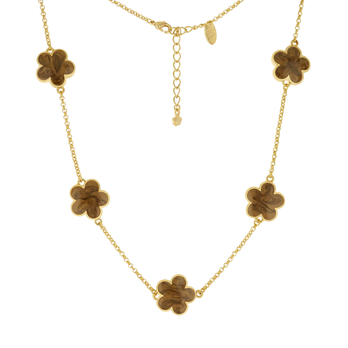Daisy Love Necklace — Flower Collar gold tone chain with brown floral charms, extender on Tampa Home & Garden Store