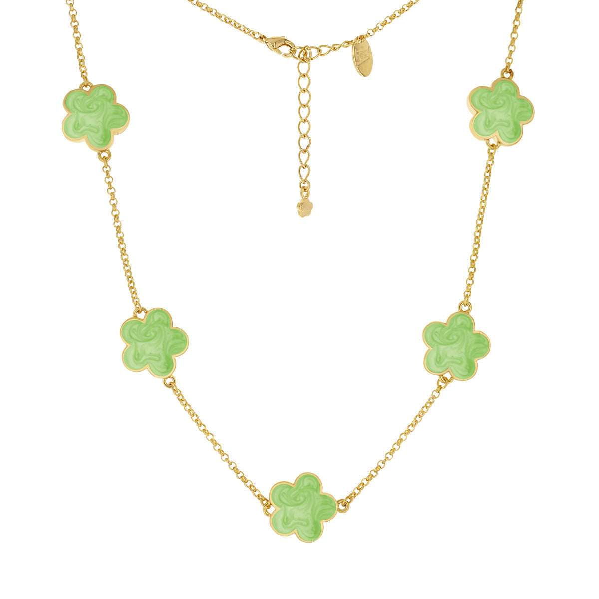 Daisy Love Necklace Collar by Lauren G Adams with gold chain and five lime-green clover charms on Tampa Home & Garden Store