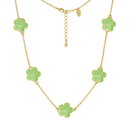 Daisy Love Necklace Collar by Lauren G Adams with gold chain and five lime-green clover charms on Tampa Home & Garden Store