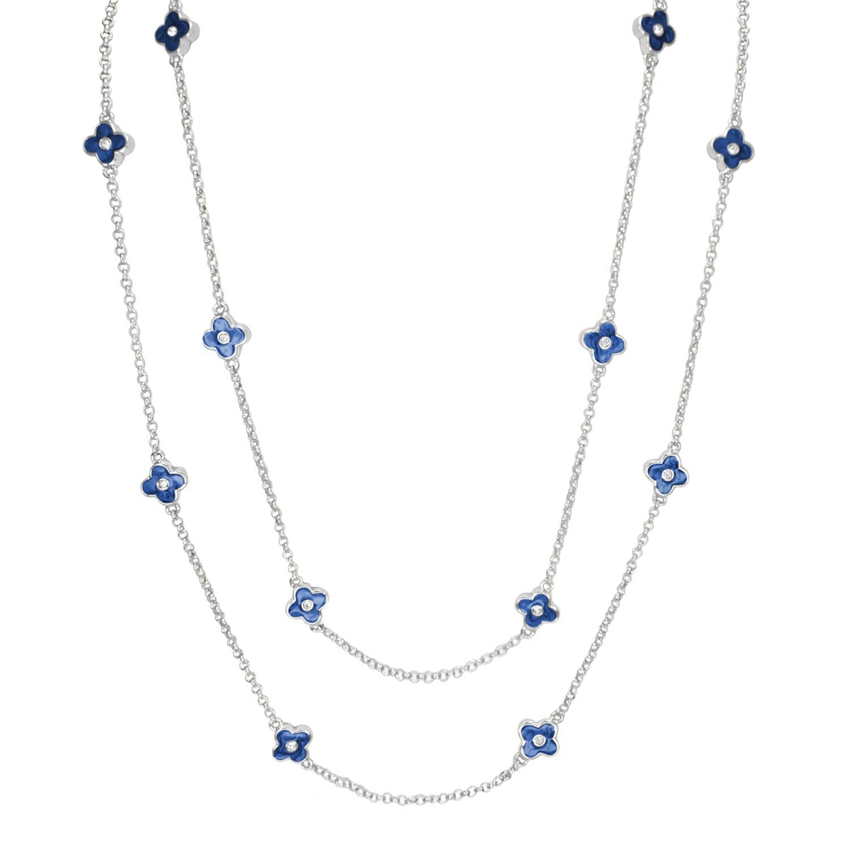 Daisy Love Necklace 48-Inch Flower, silver chain with blue enamel blossoms, Lauren G Adams on Tampa Home & Garden Store