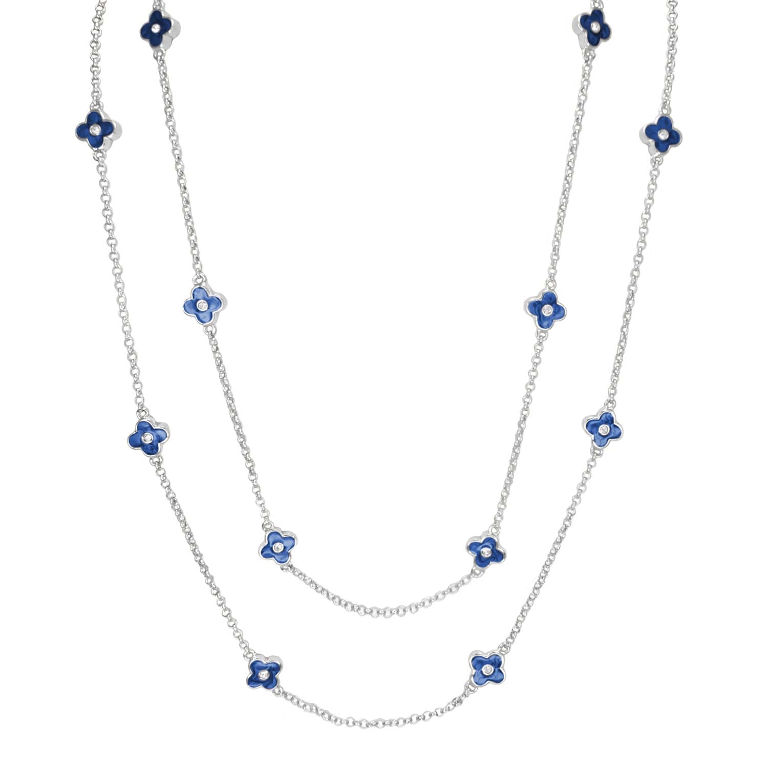 Daisy Love Necklace 48-Inch Flower, silver chain with blue enamel blossoms, Lauren G Adams on Tampa Home & Garden Store