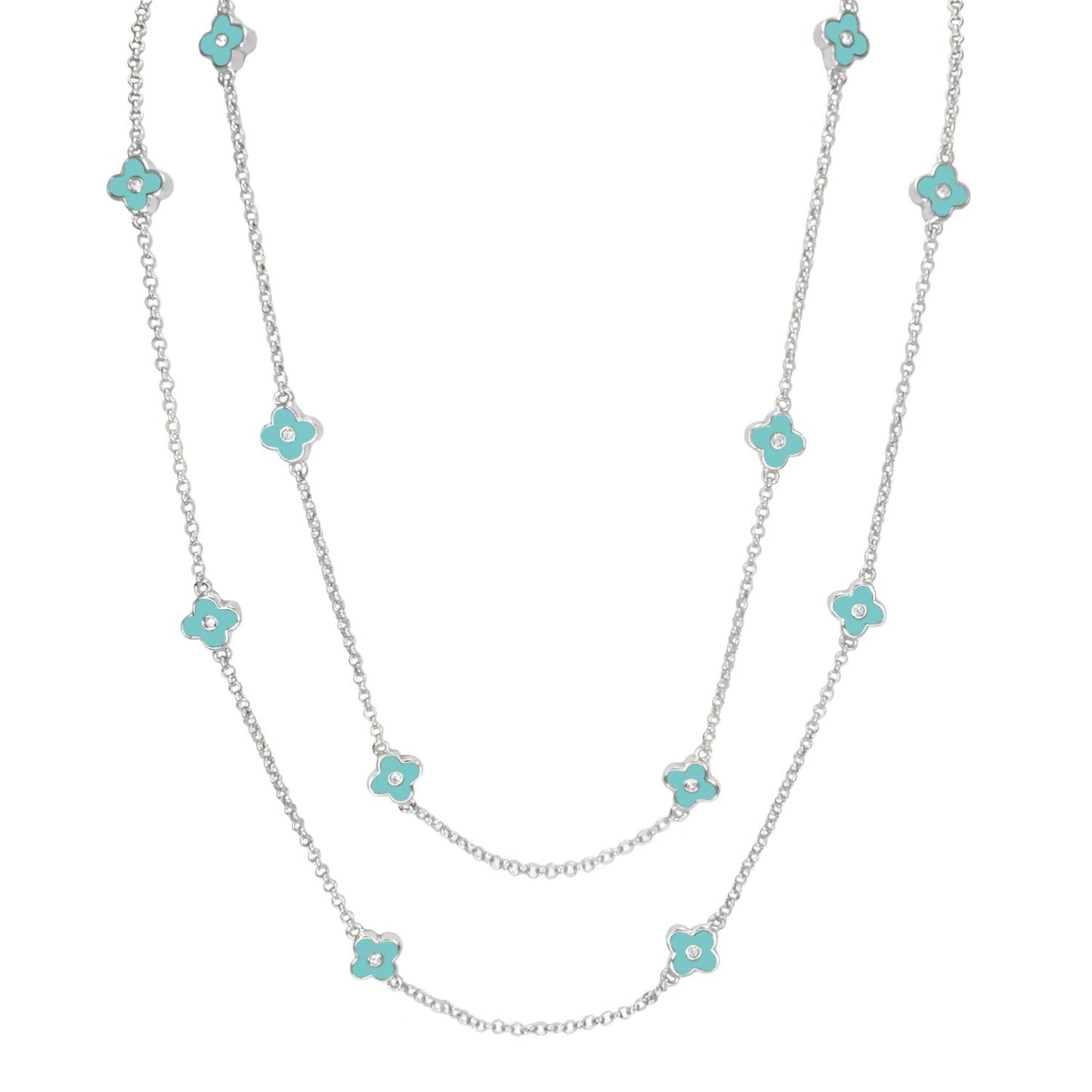 Daisy Love Necklace 48-inch framed turquoise flowers on silver chains on Tampa Home & Garden Store