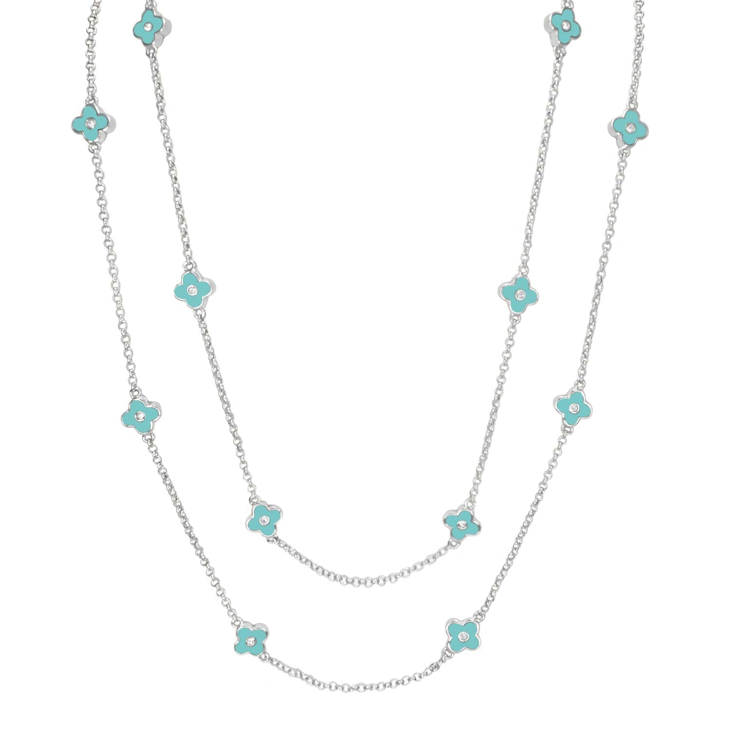 Daisy Love Necklace 48-inch framed turquoise flowers on silver chains on Tampa Home & Garden Store