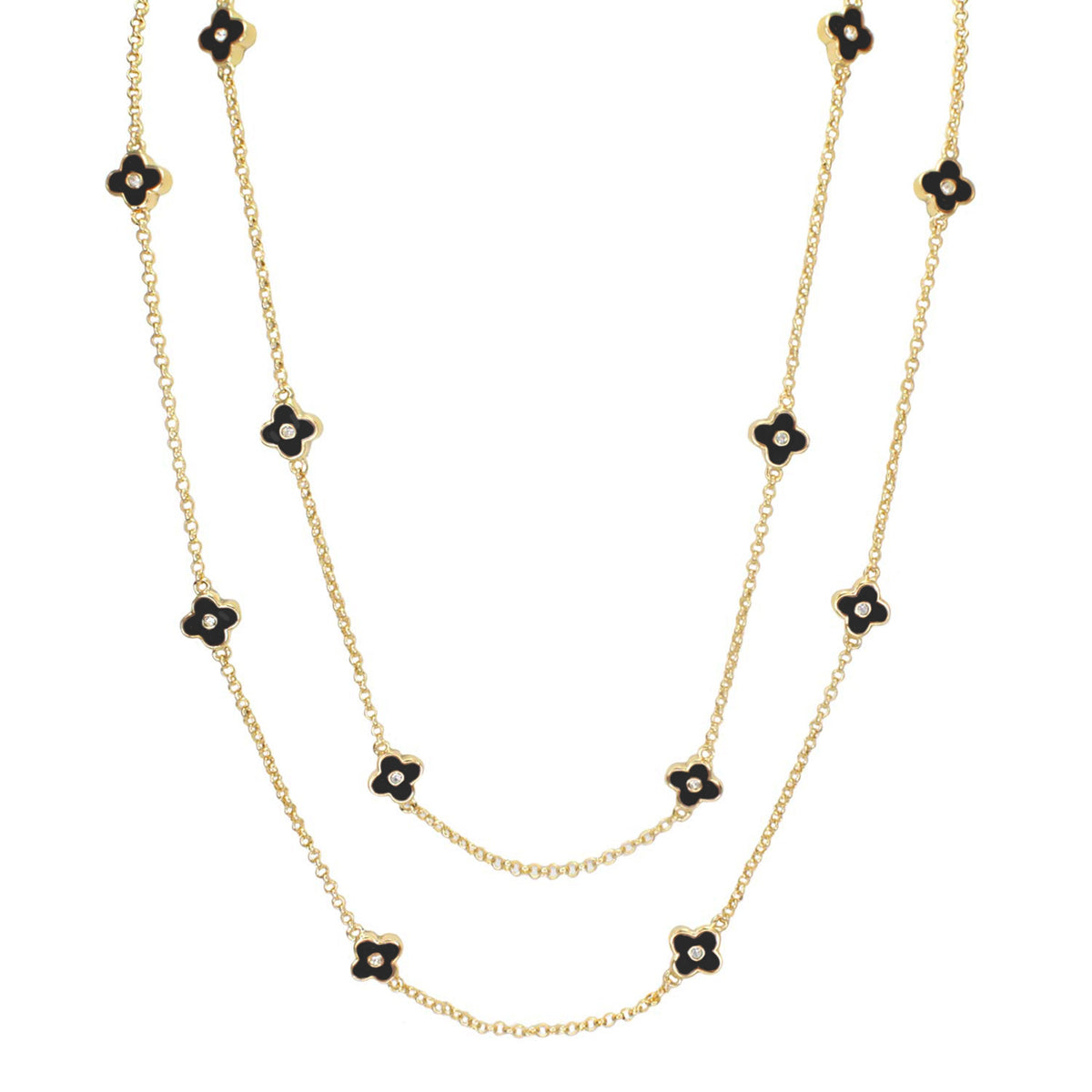 Daisy Love Necklace 48-Inch Framed Flower with gold-tone chain and black enamel daisies on Tampa Home & Garden Store