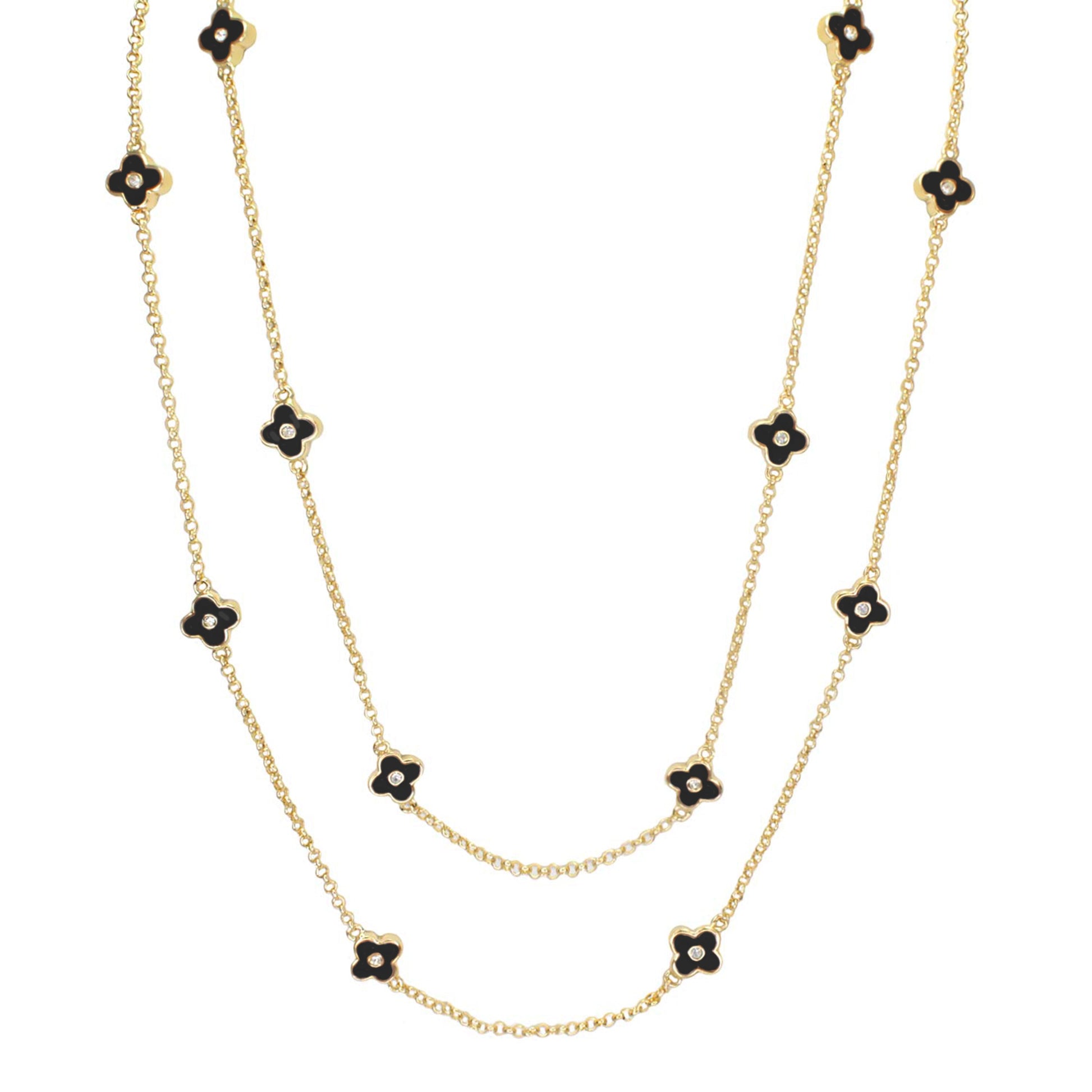 Daisy Love Necklace 48-Inch Framed Flower with gold-tone chain and black enamel daisies on Tampa Home & Garden Store