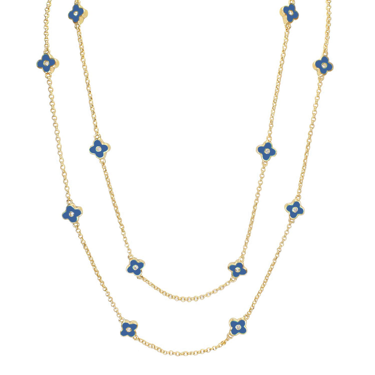 Daisy Love Necklace 48-inch gold chain with framed blue flower charms by Lauren G Adams on Tampa Home & Garden Store