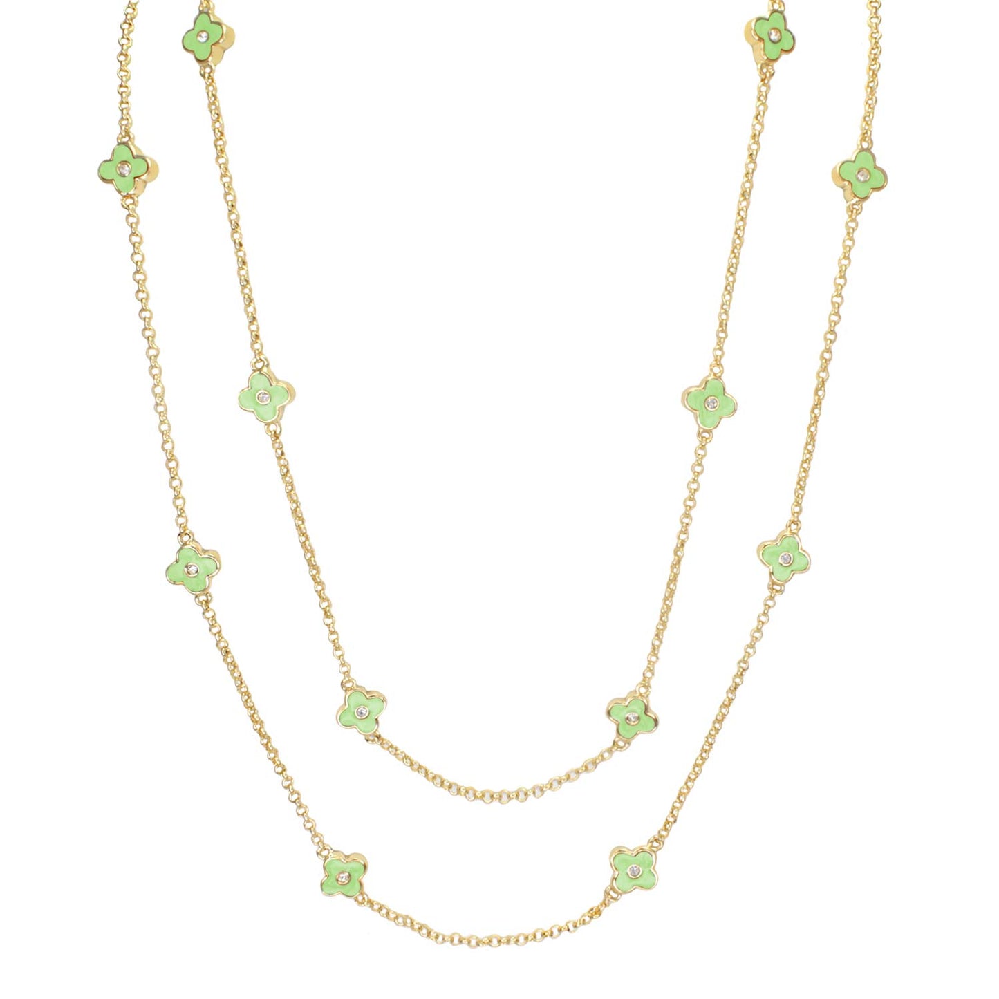 Daisy Love Necklace by Lauren G Adams gold-tone layered chains with green enamel four-petal flowers on Tampa Home & Garden Store