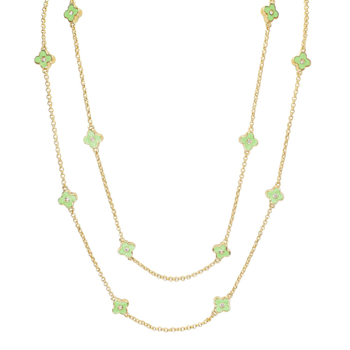 Daisy Love Necklace by Lauren G Adams gold-tone layered chains with green enamel four-petal flowers on Tampa Home & Garden Store