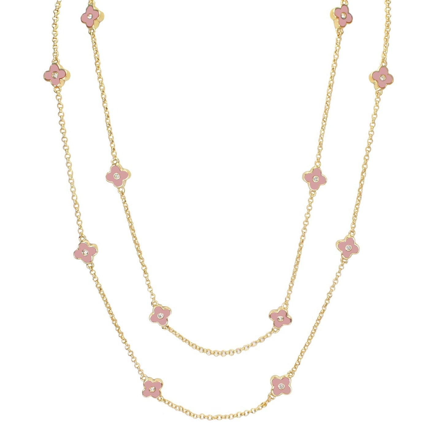 Daisy Love Necklace by Lauren G Adams, 48-Inch gold-tone layered chain with pink flower charms on Tampa Home & Garden Store