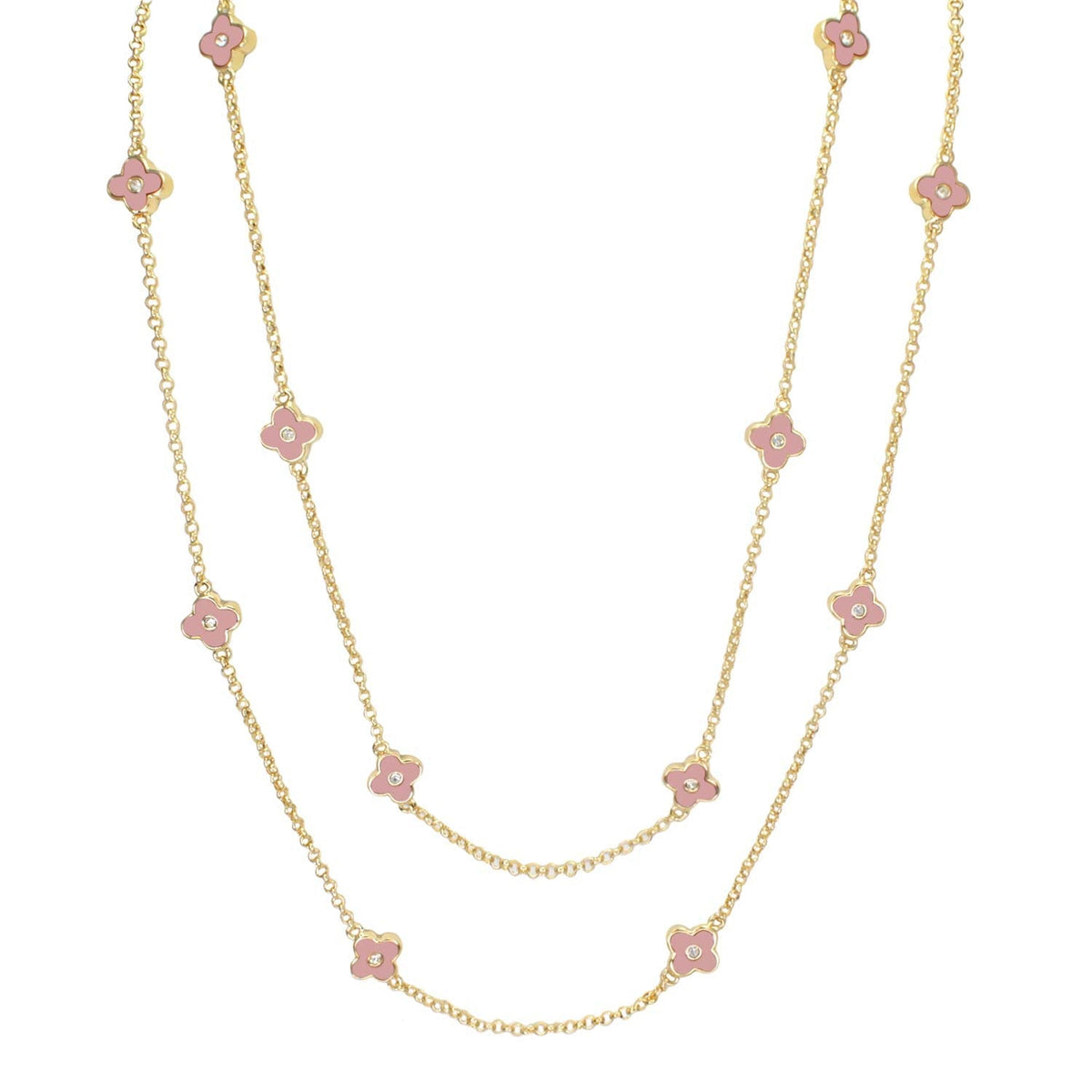 Daisy Love Necklace by Lauren G Adams, 48-Inch gold-tone layered chain with pink flower charms on Tampa Home & Garden Store